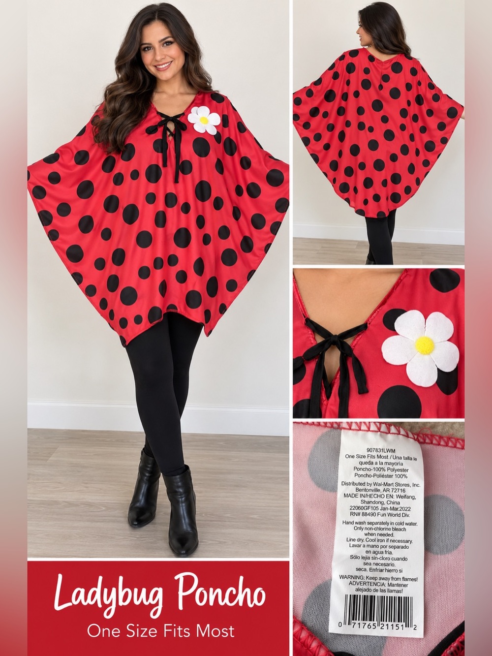 Fun World Ladybug Poncho Costume Red/Black Polka Dot Halloween One Size